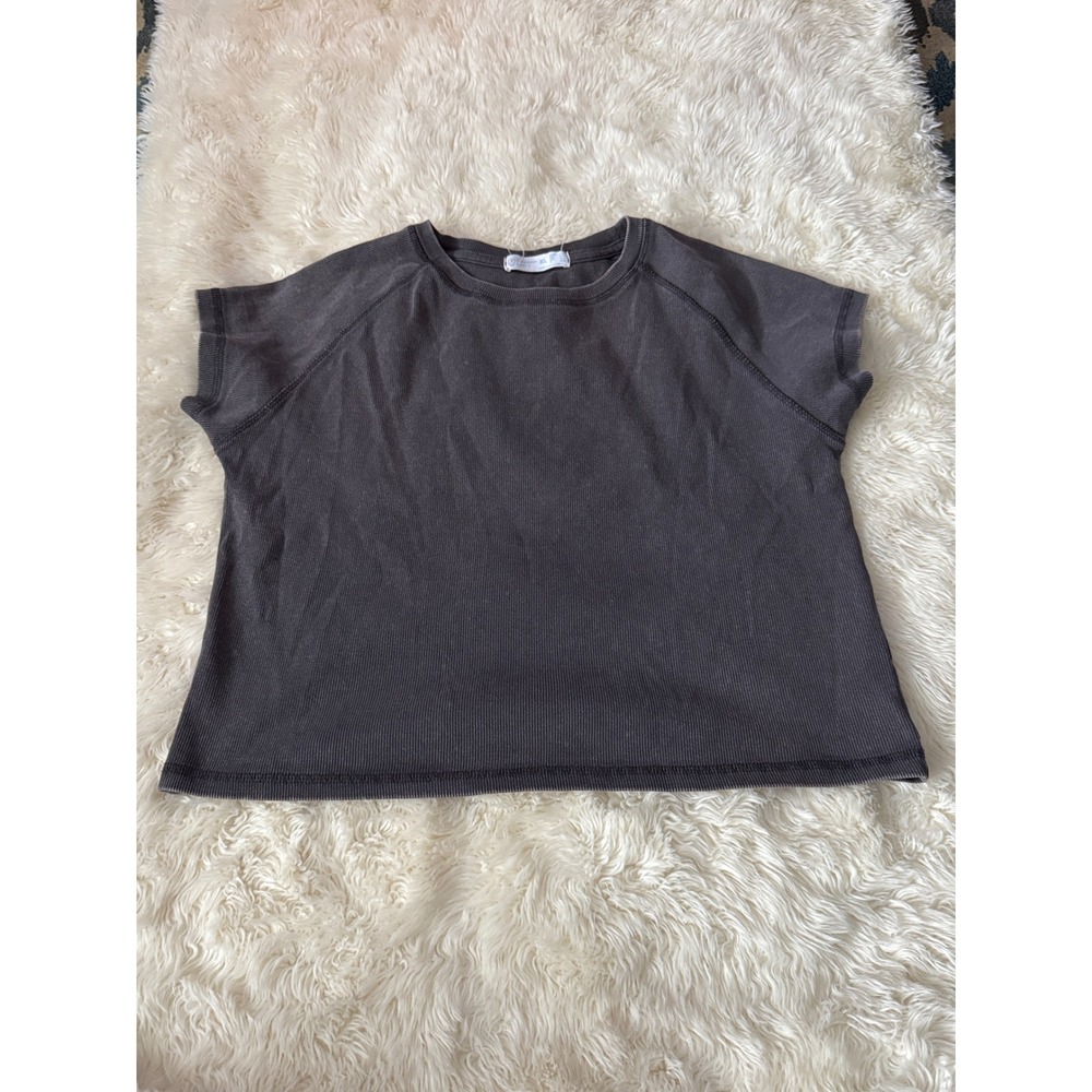 Primark Cares Ribbed Baby Tee Women XL Gray Raglan Crop Top Grunge Gorpcore‎